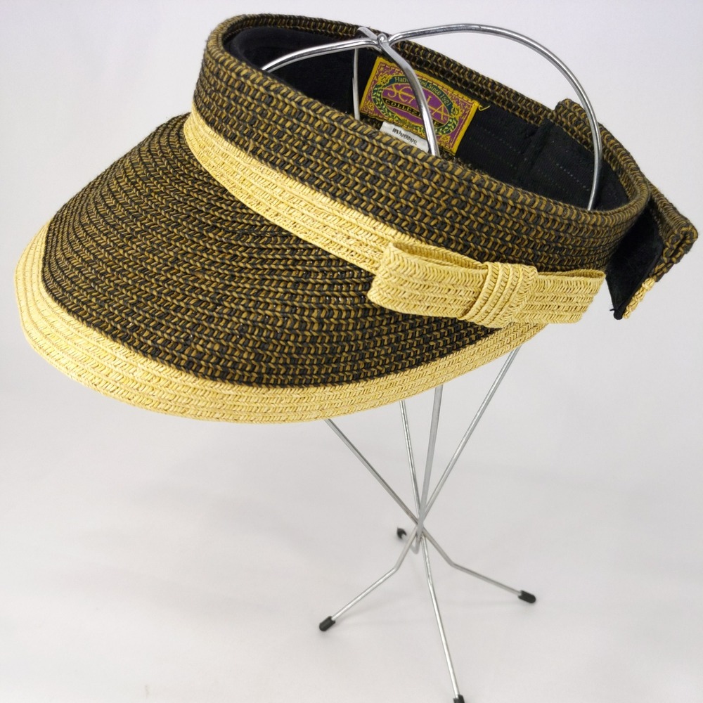 Scala Visor Brown Tan Woven Straw Bow Adjustable Hook Loop Sun Hat